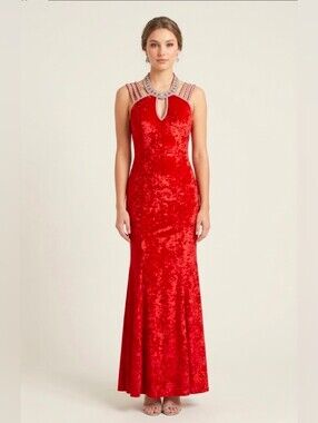 Red Velvet Embellished Halter Evening Gown